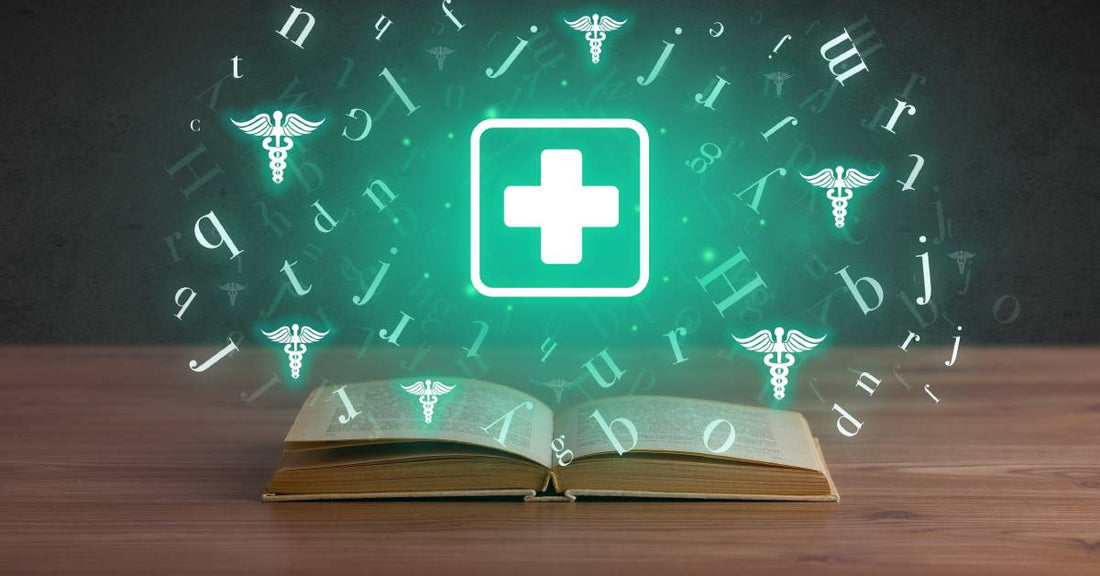 An open book with a first aid symbol, a few medical symbols, and a bunch of letters popping out of it.