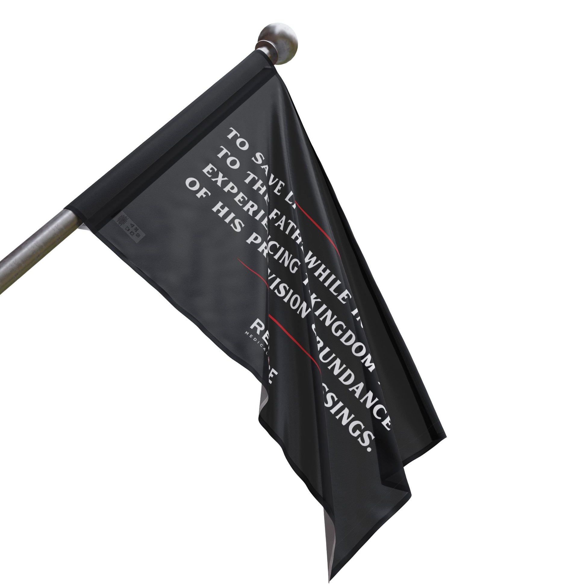 18" x 12" Refuge Mission Statement Flag - black with white letters on a flag pole