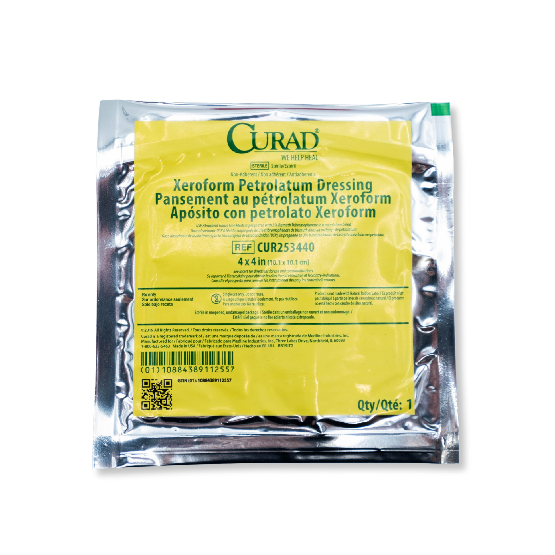 Curad Xeroform Petrolatum Dressing 4" x 4" packaging on a white background