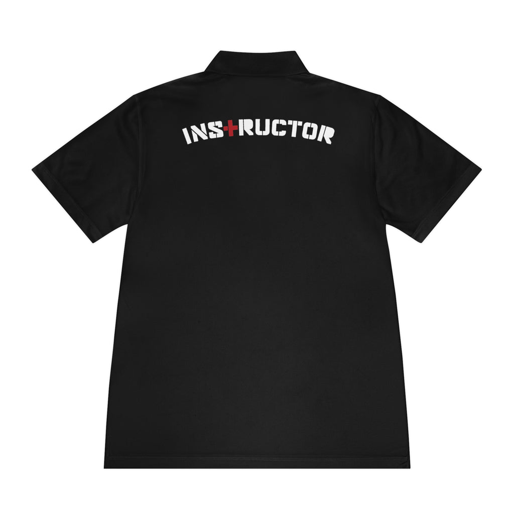 Black polo shirt with "instructor" across top back