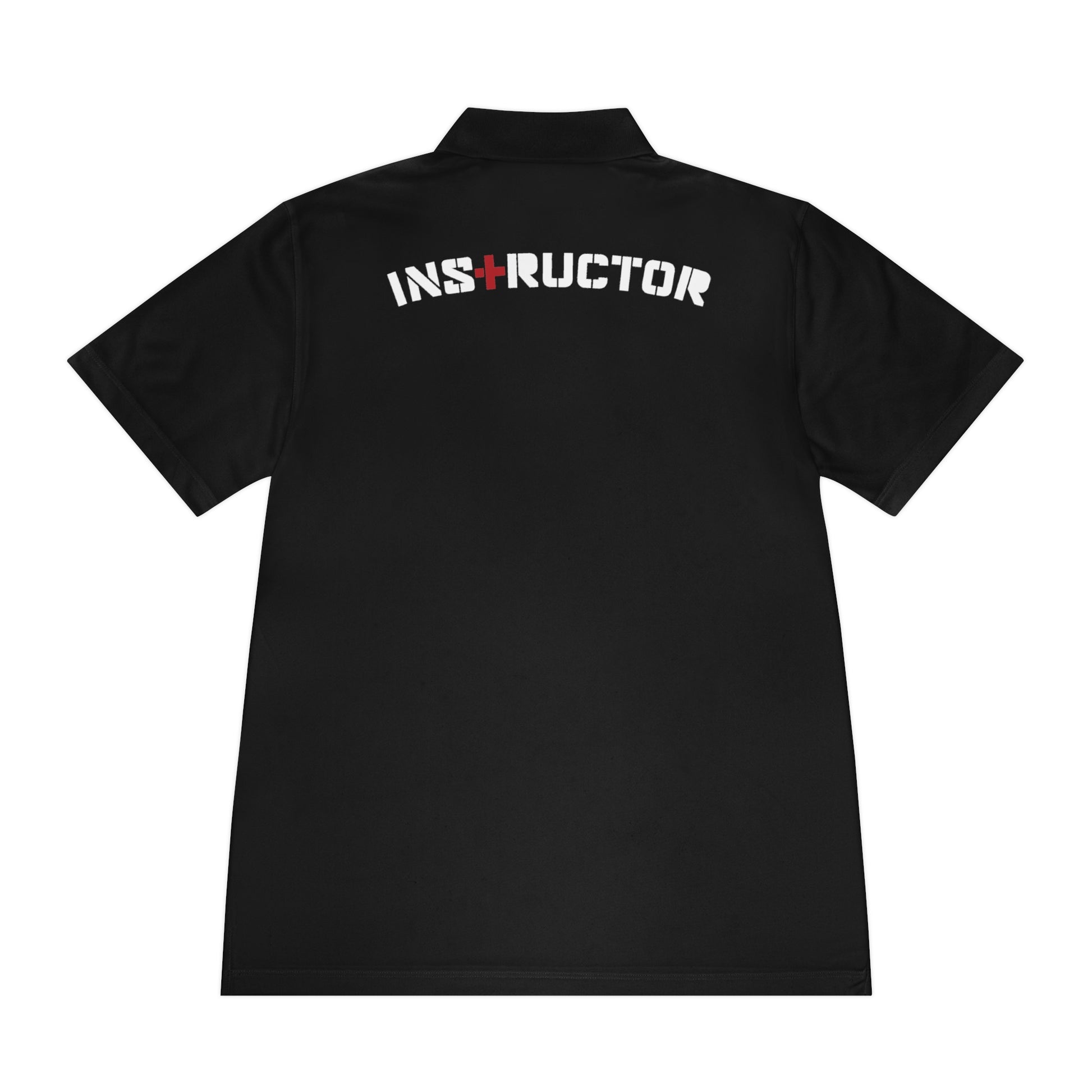 Black polo shirt with "instructor" across top back