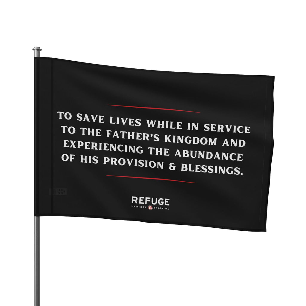 18" x 12" Refuge Mission Statement Flag - black with white letters on a flag pole