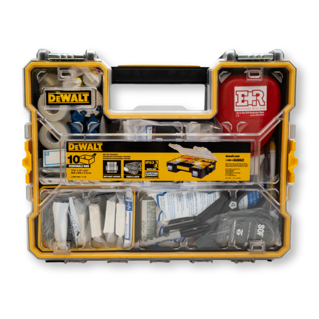 Refuge Medical Tool Box Kit Refill - components in yellow DeWalt compartment box, closed (box not included)