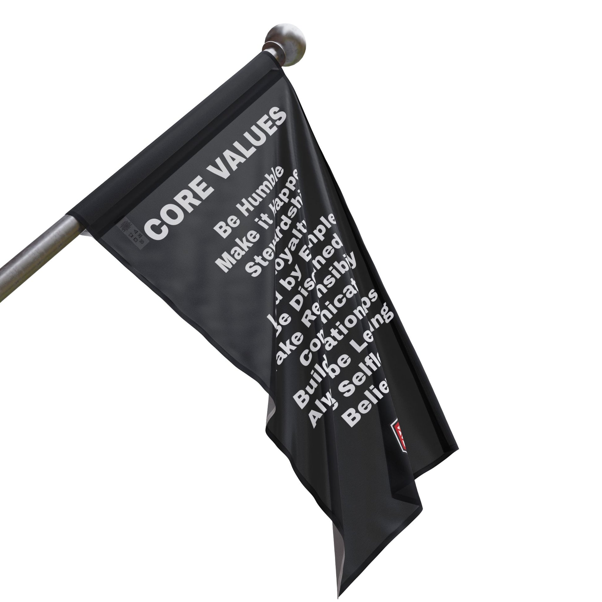 18" x 12" Refuge Core Values Flag black with white letters on a flag pole