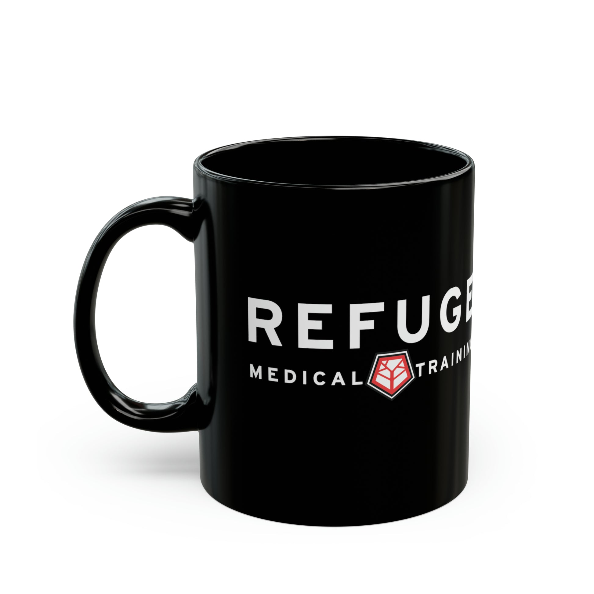 A black 11oz ceramic mug with 'REFUGE MEDICAL TRAINING' text and a logo printed on the side.