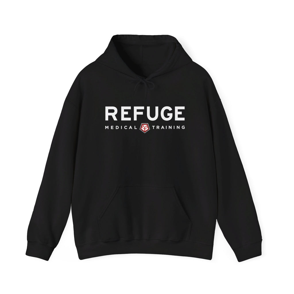 Black hoodie with white Refuge Medical logo centered on chest