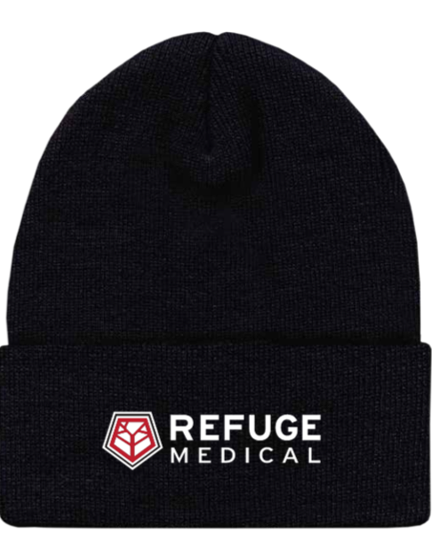 A black beanie with the 'Refuge Medical' logo in white on the fold.