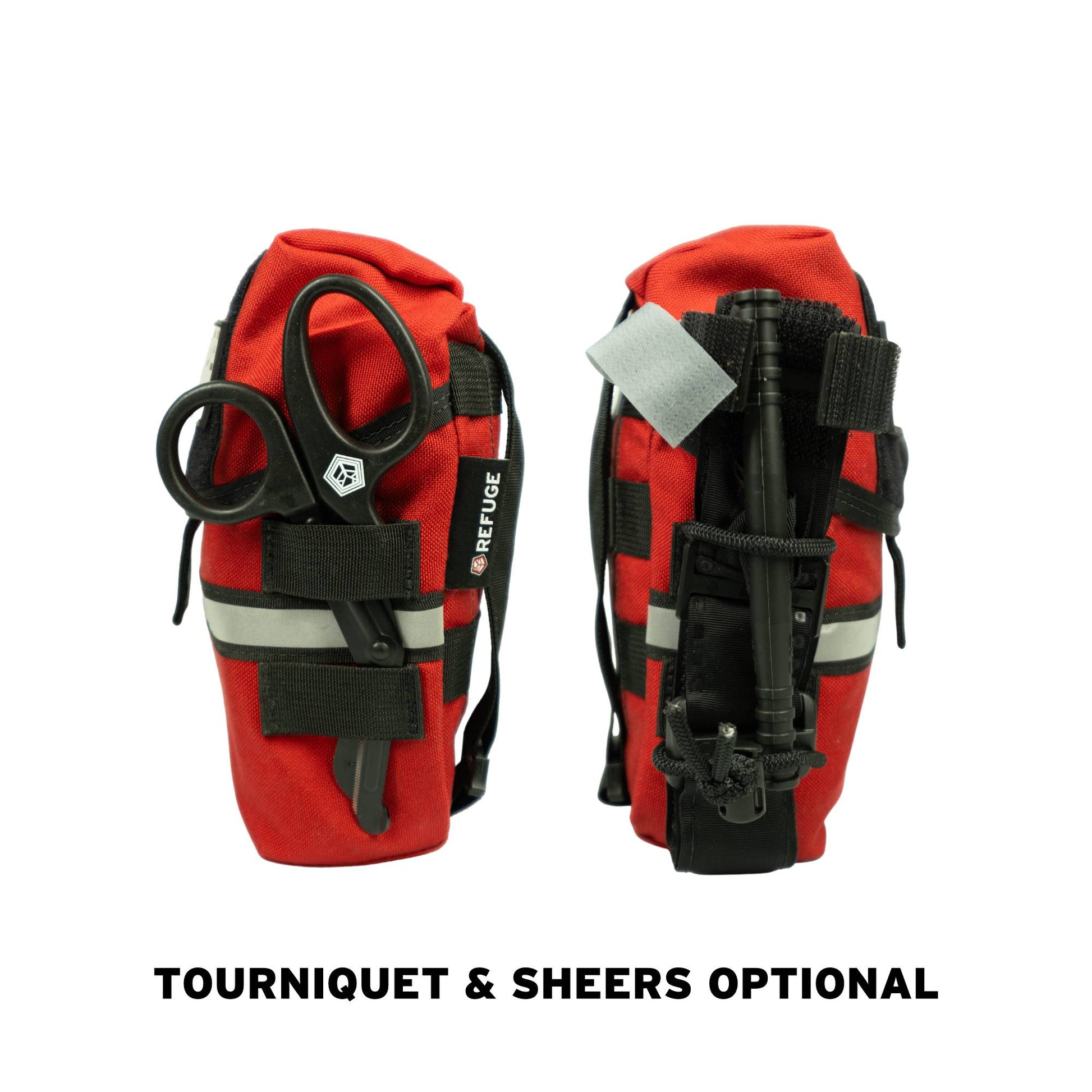 Showing both sides of red medical bag with black straps, showing a tourniquet and shears attached on each side. Text on image states 'TOURNIQUET & SHEARS OPTIONAL'.