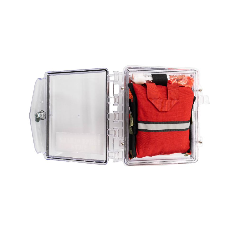 Refuge Medical Bleeding Control Station First Aid Kit - Red with reflective strip inside a clear plastic locking case (open)