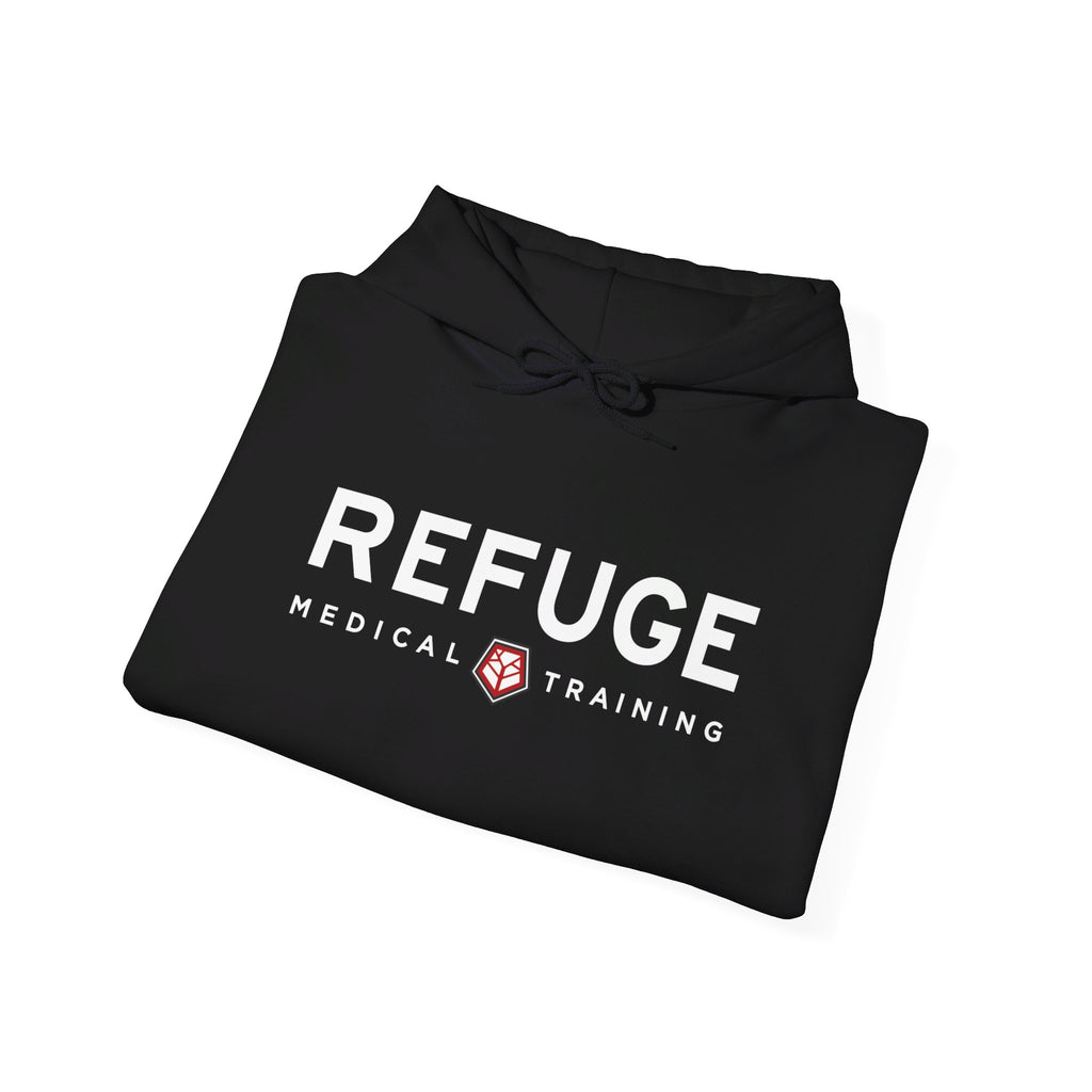 Black hoodie with white Refuge Medical logo centered on chest (folded)