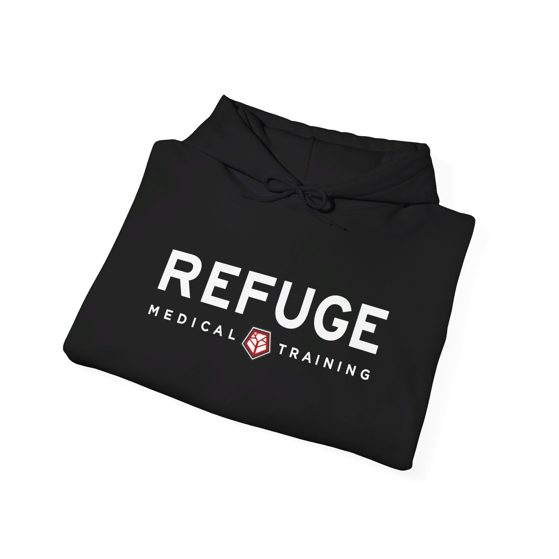 Black hoodie with white Refuge Medical logo centered on chest (folded)