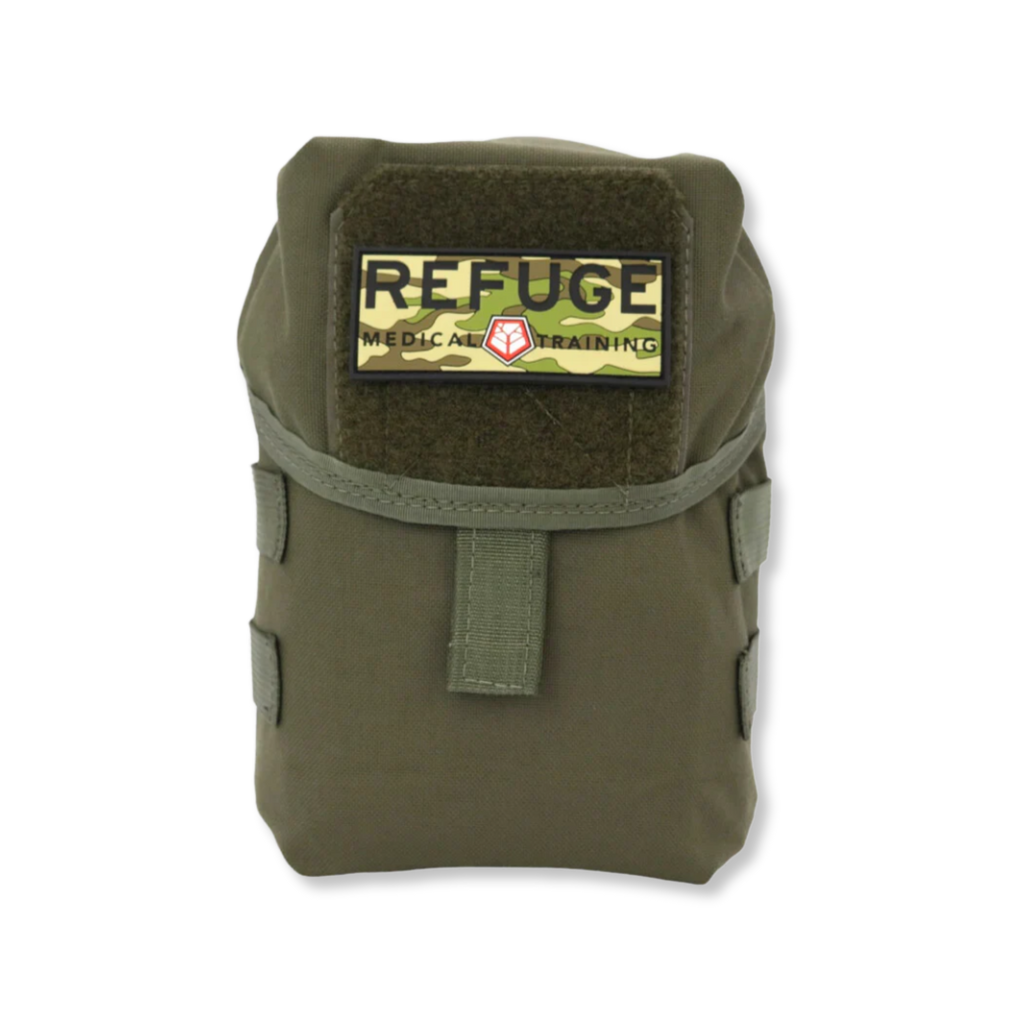 Refuge Medical BearFAK First Aid Kit - Ranger Green MOLLE-compatible pouch with Refuge Medical camo patch.