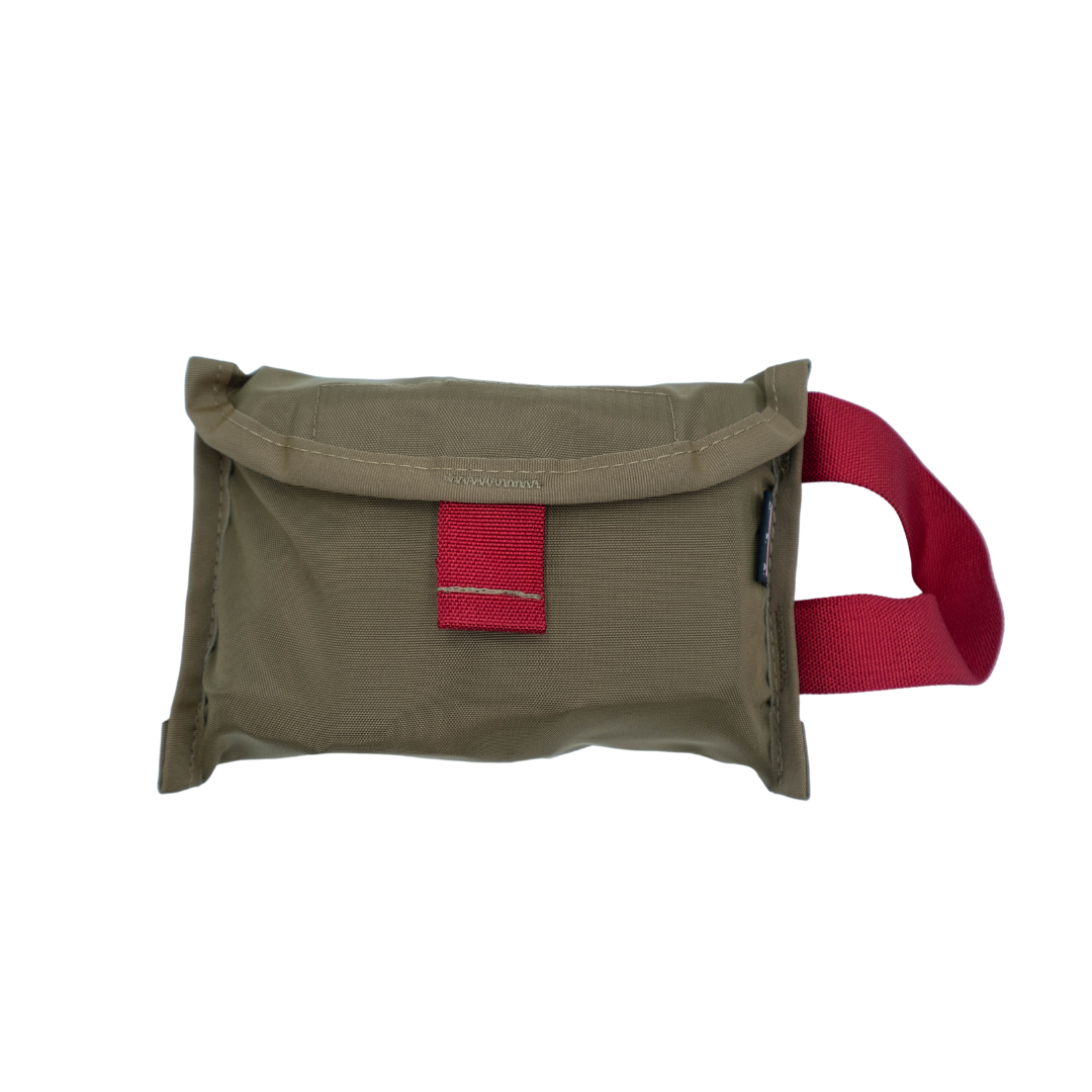 Refuge Medical POC-Kit First Aid Kit - Coyote tan with red side handle and red pull open tab