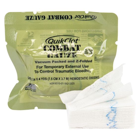 QuikClot Combat Z-fold Gauze packaging and an unfolded piece of the gauze, color green with product details on the packaging.