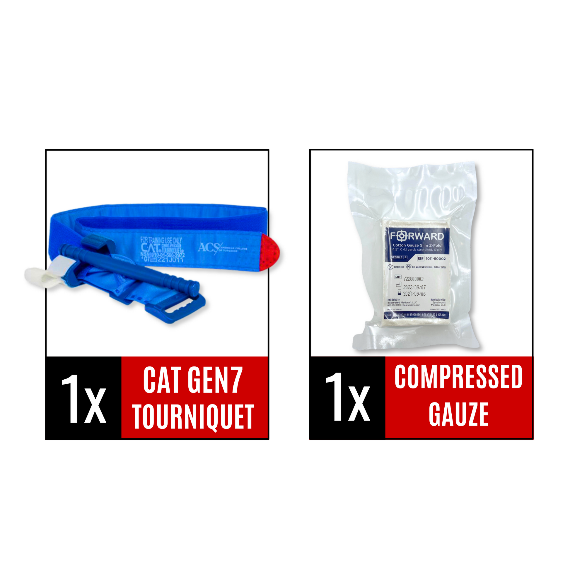 Two medical items: a blue tourniquet and a white compressed gauze pack, each labeled with quantity and product name.