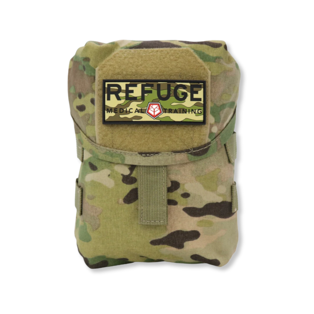 Refuge Medical BearFAK First Aid Kit - Multicam MOLLE-compatible pouch with Refuge Medical camo patch.