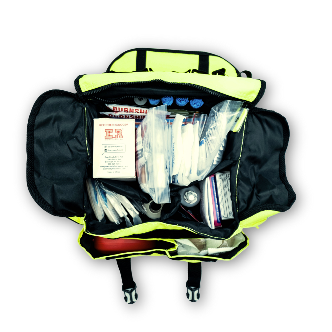 Refuge Medical OSHA Compliance Kit (OCK) First Aid Kit - Florescent Yellow, top view opened showing component layout