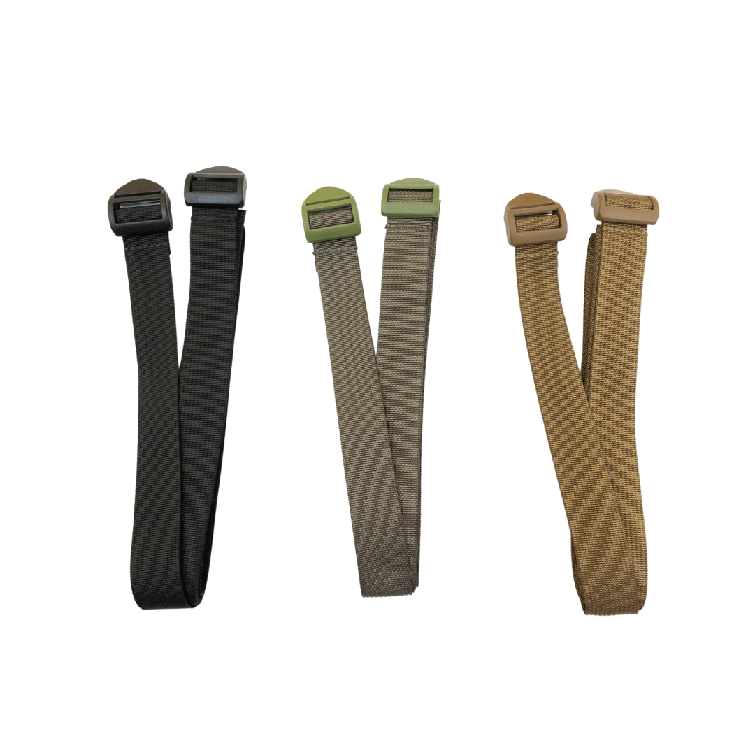 Three attachment straps in black, green, and coyote colors, designed for securing a first aid kit in a vehicle headrest.
