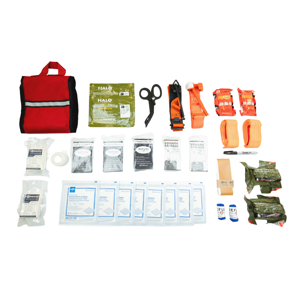 Refuge Medical Bleeding Control Station First Aid Kit - Red with reflective strip, components included in the Bleeding Control Station