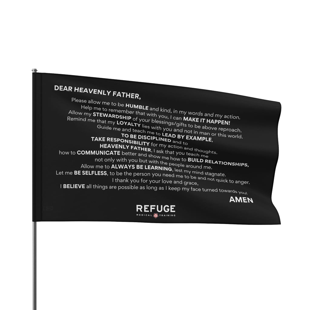 60" x 36" Refuge Core Values Prayer flag - black with white text on a flagpole