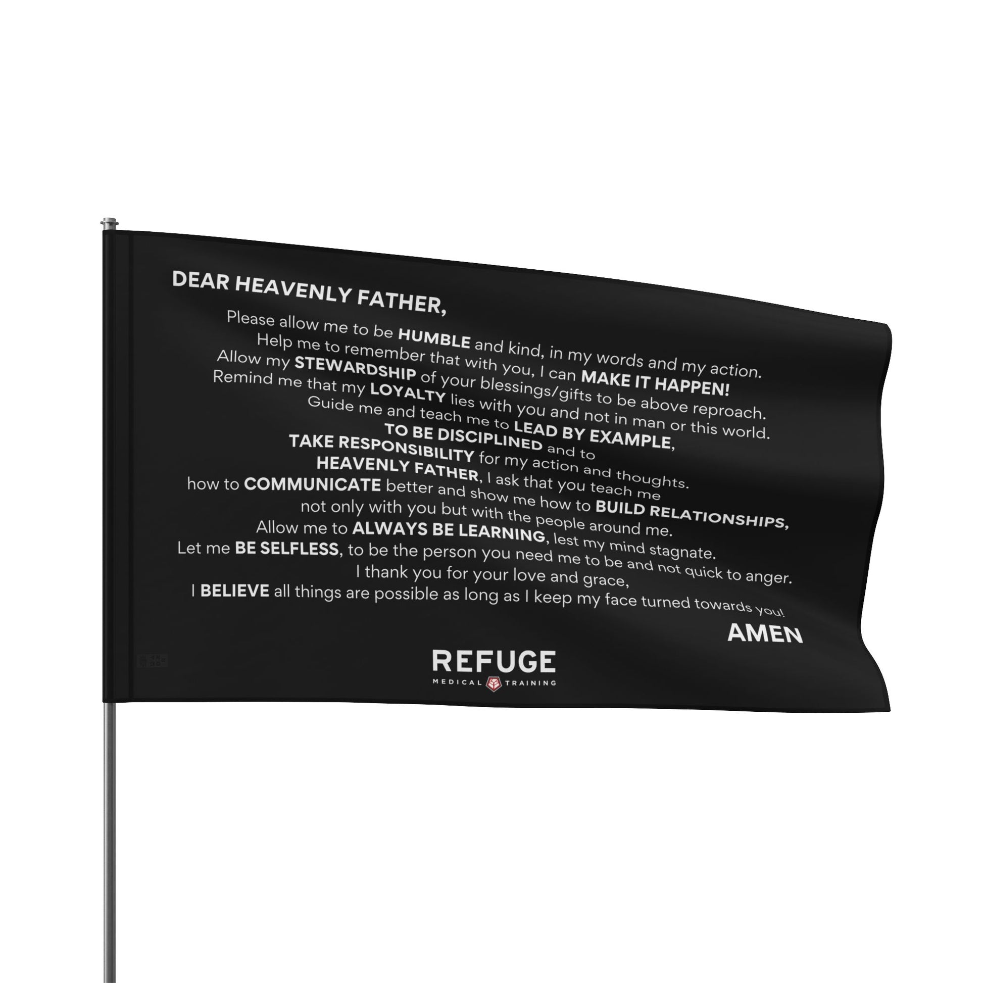 60" x 36" Refuge Core Values Prayer flag - black with white text on a flagpole