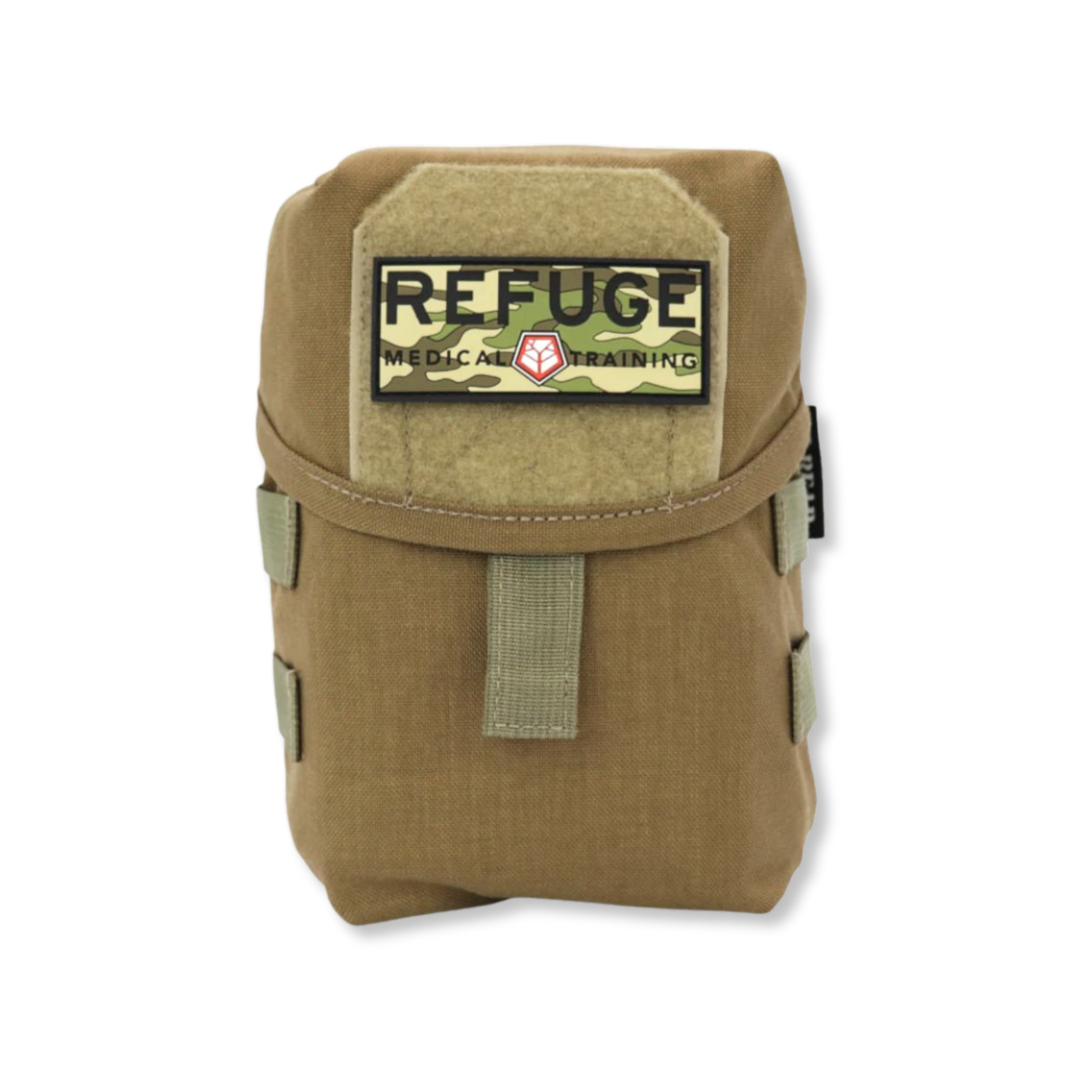 Refuge Medical BearFAK First Aid Kit - Coyote Tan MOLLE-compatible pouch with Refuge Medical camo patch.