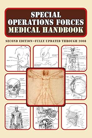 Cover of the Special Operations Forces Medical Handbook featuring a diagram of the human body and illustrations depicting medical procedures and anatomy.
