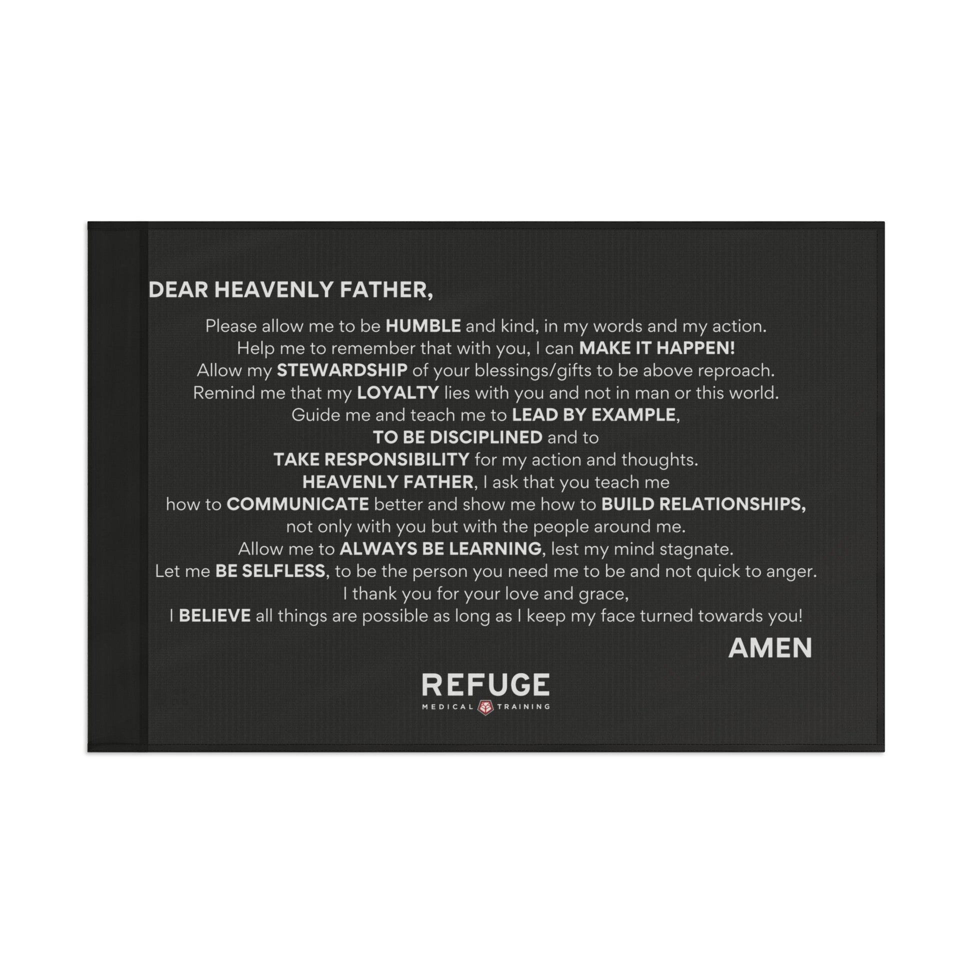 60" x 36" Refuge Core Values Prayer flag - black with white text