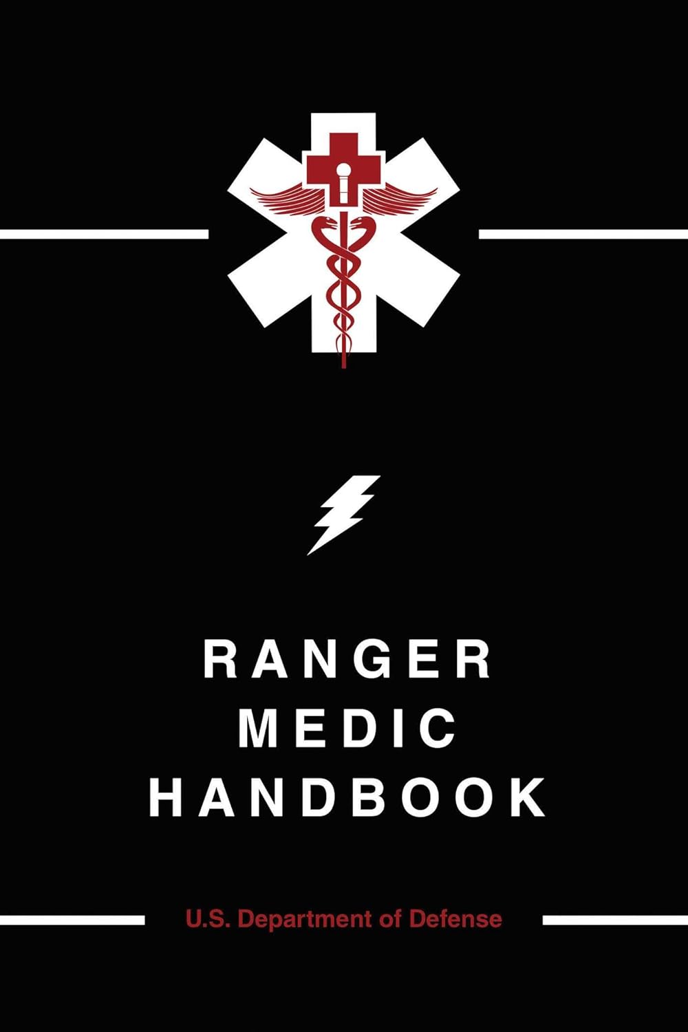 Cover of the 'Ranger Medic Handbook' featuring a white medical cross and snake emblem on a black background