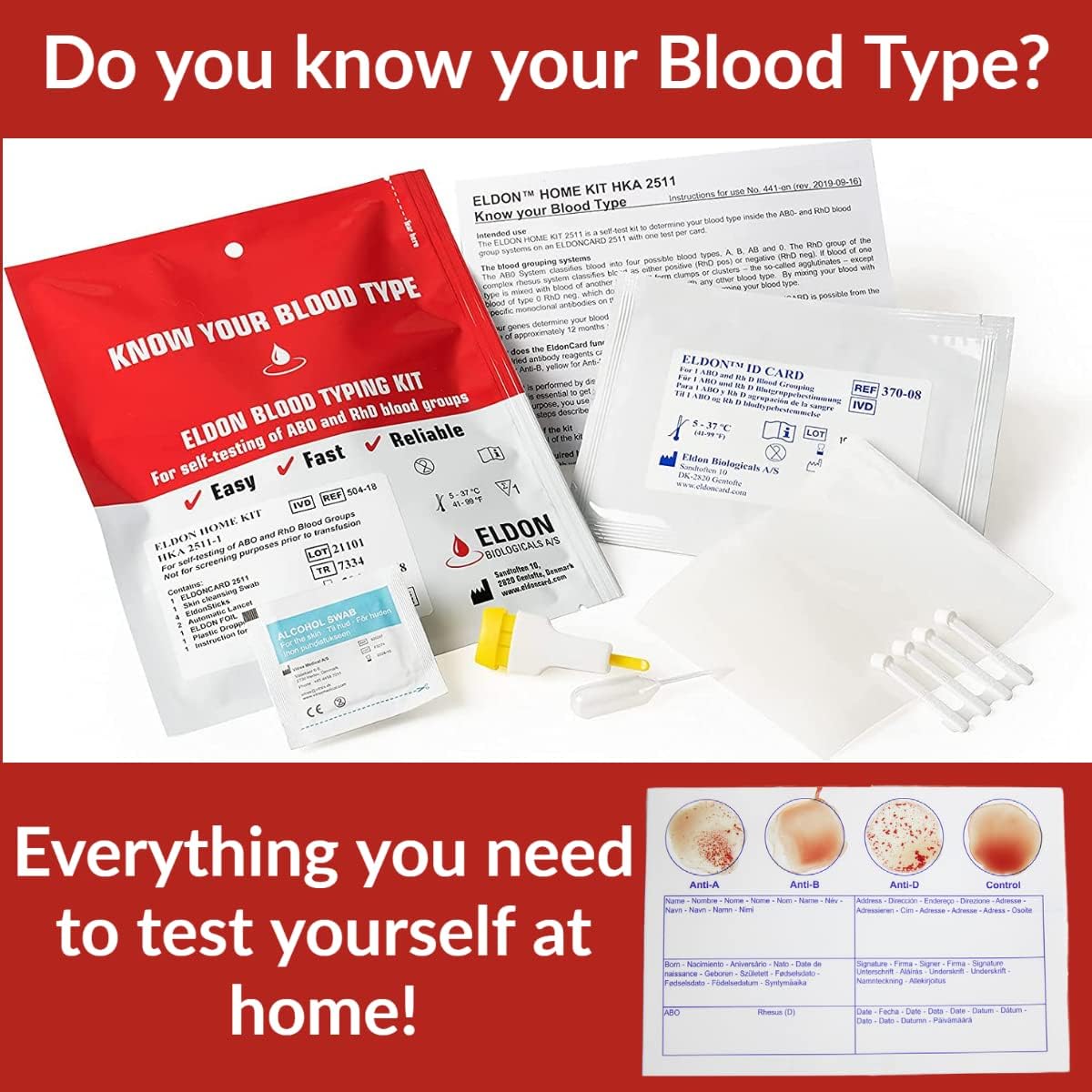 Packaging and contents of an Eldon Blood Typing Kit, including test cards, dropper, test tubes, and instructions.