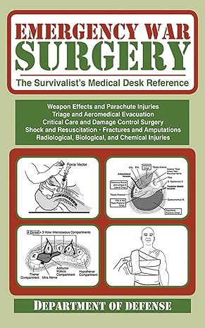 Cover of the 'Emergency War Surgery' book showing chapter headings and illustrations related to military medicine and surgery.