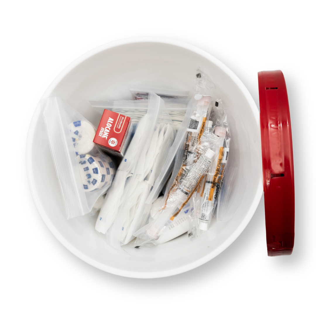 Refuge Medical Burn Bucket First Aid Kit - top view, opened