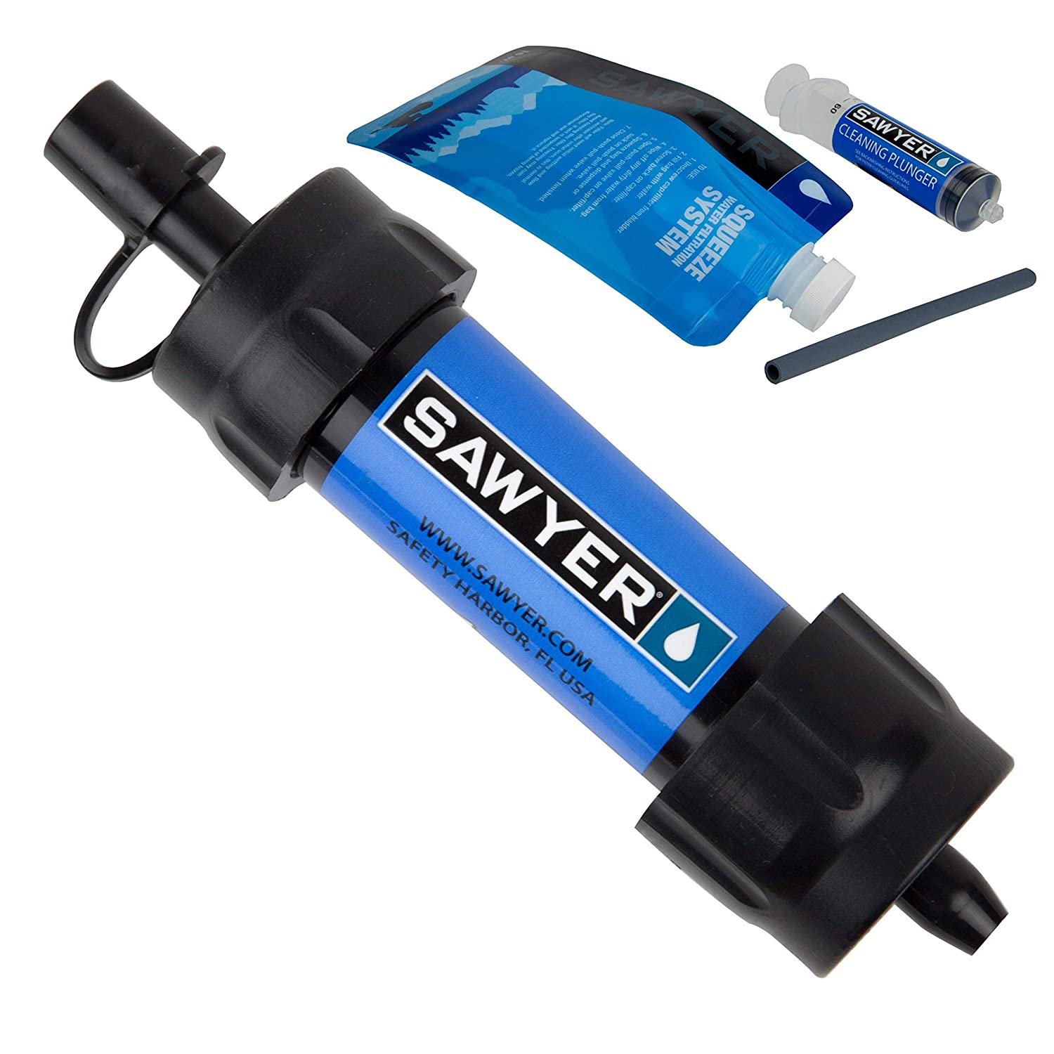 The image shows a Sawyer Mini Water Filtration system with components including a blue inline filter, a black drinking pouch, a clear straw, and a cleaning plunger, all arranged on a white background.