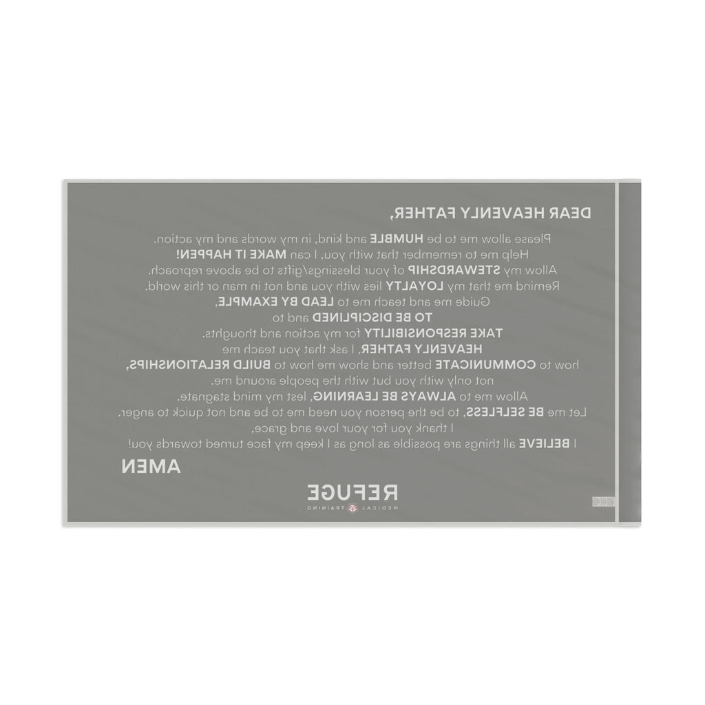 Refuge Core Values Prayer flag - black with white text (back)