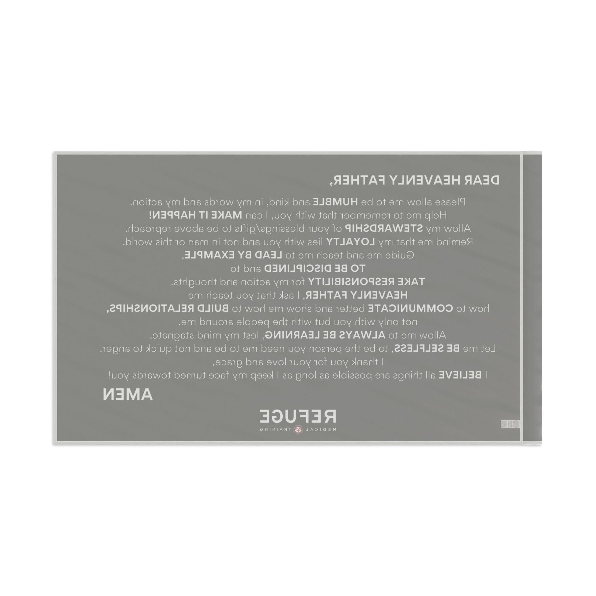 Refuge Core Values Prayer flag - black with white text (back)