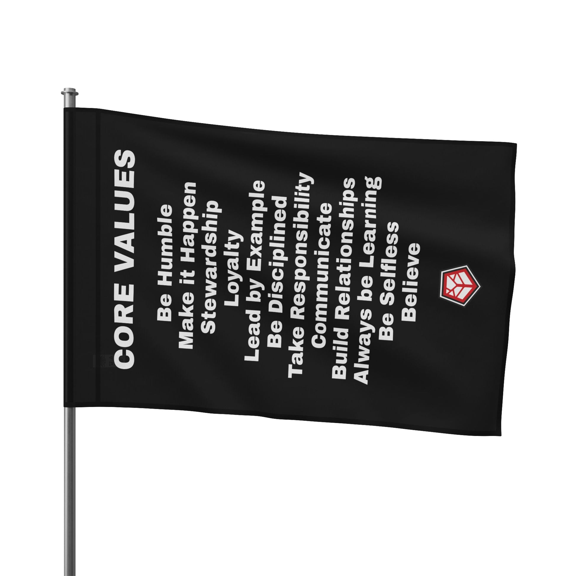 18" x 12" Refuge Core Values Flag black with white letters on a flag pole