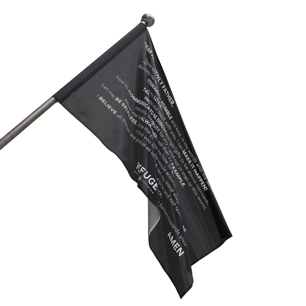 60" x 36" Refuge Core Values Prayer flag - black with white text on a flag pole