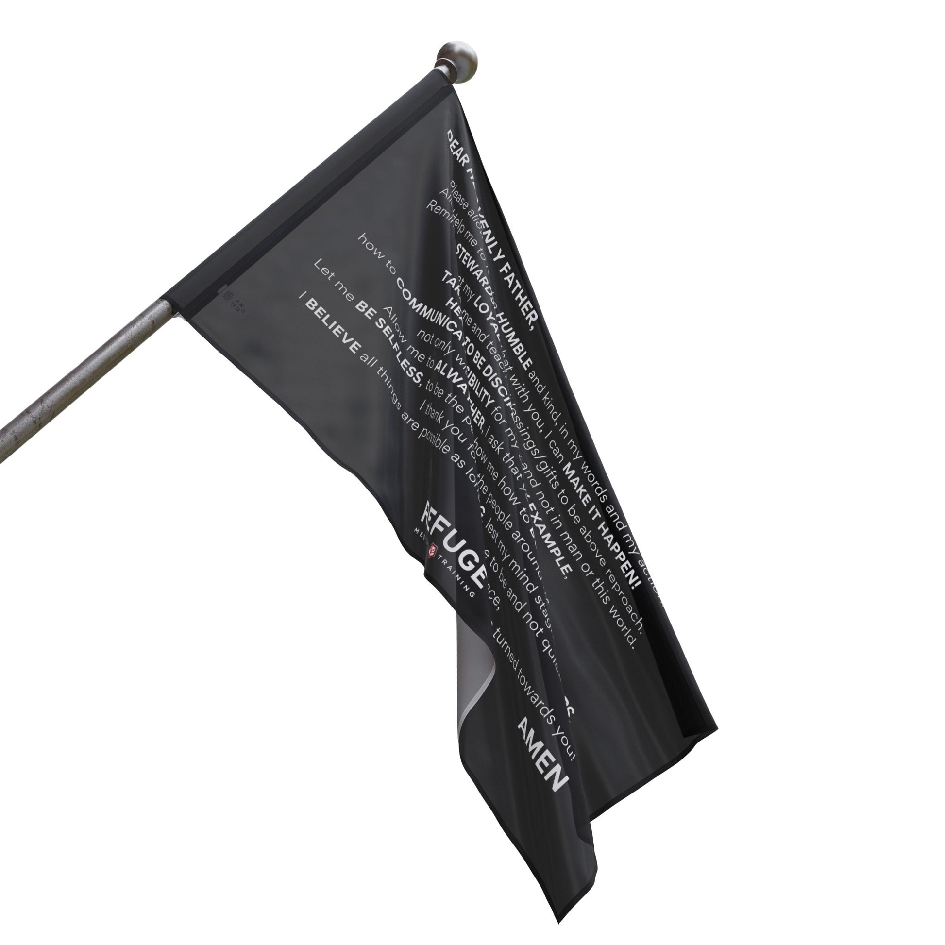 60" x 36" Refuge Core Values Prayer flag - black with white text on a flag pole