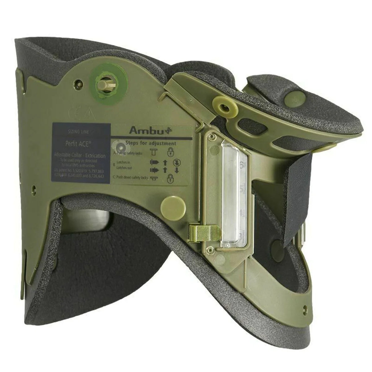 A green and black ACE cervical collar with adjustable settings, designed for immobilization and comfort.
