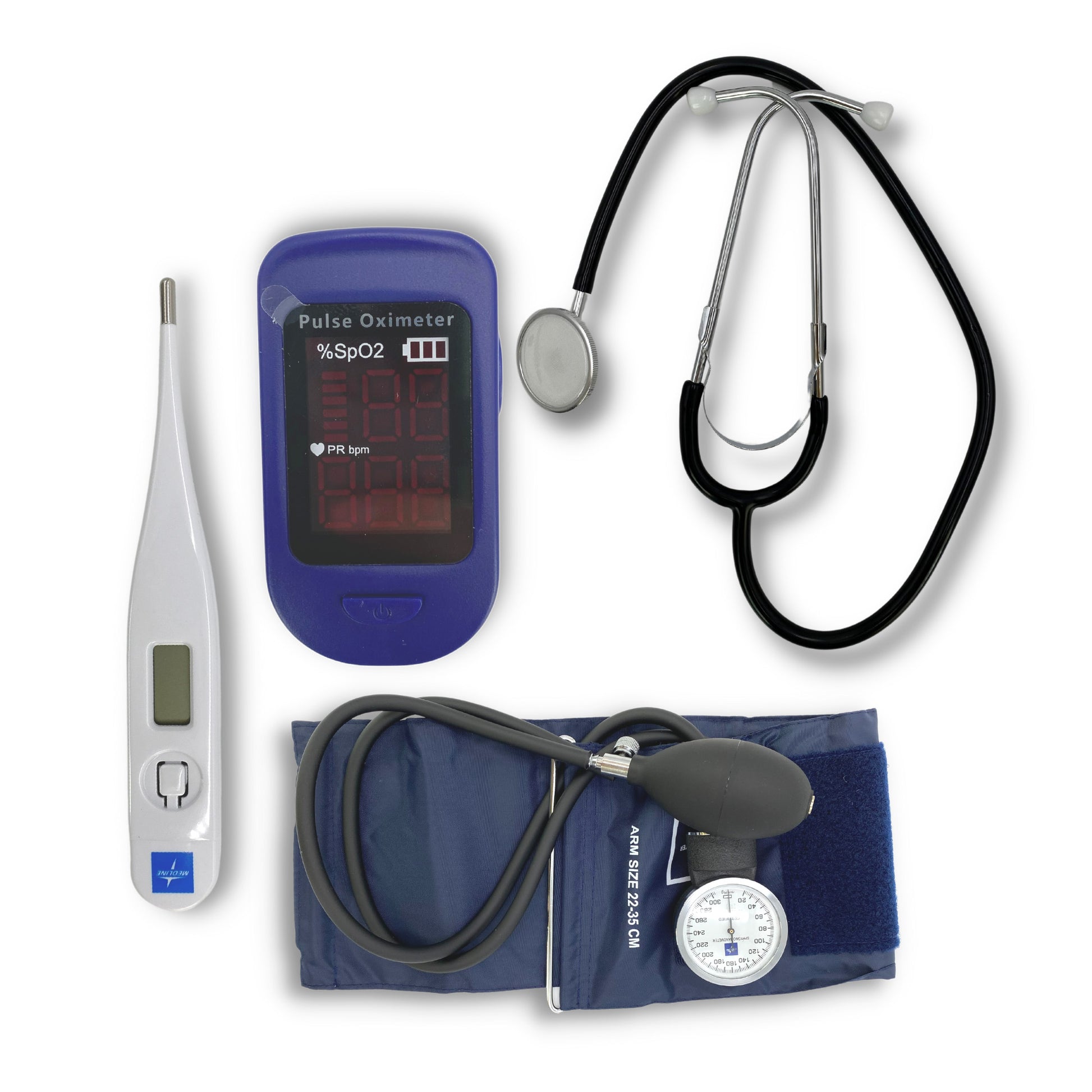 Components included in Basic Vitals set - a blood pressure cuff, a stethoscope, a pulse oximeter, and an oral thermometer.