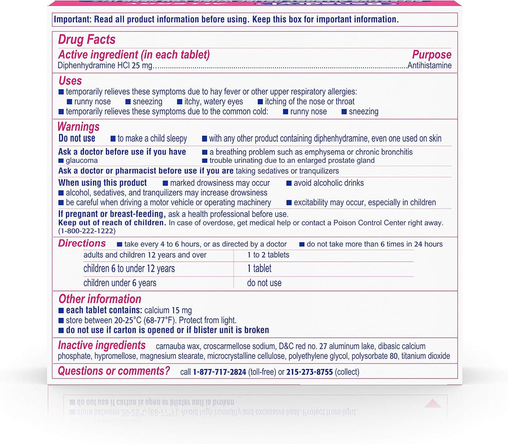 Benadryl box (back) drug facts