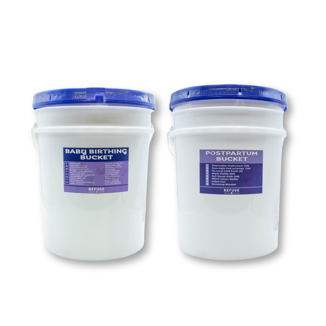 Refuge Medical Birth and Postpartum Bucket First Aid - front, Birth Bucket (left), Postpartum Bucket (right)