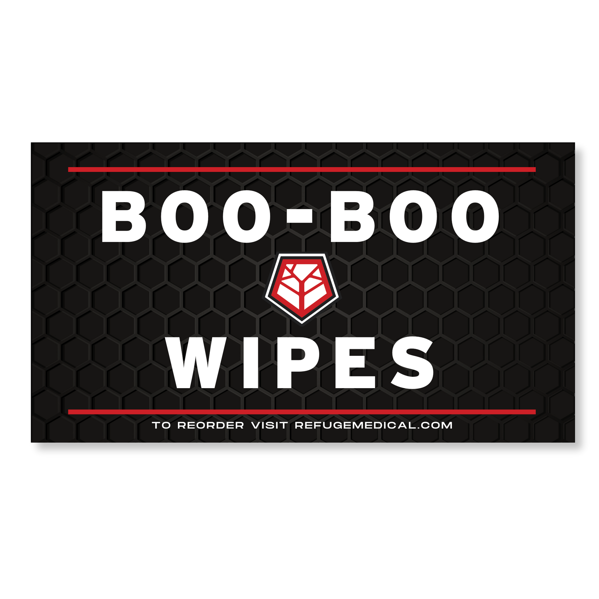 Refuge Medical Boo Boo Wipes black label with white text and red accents
