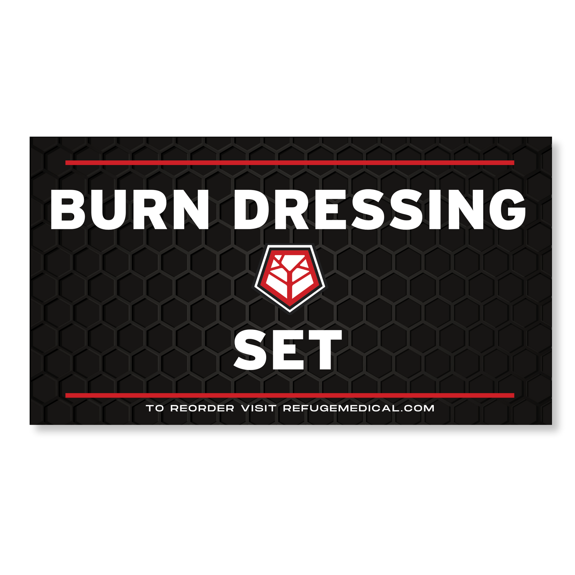 Refuge Medical Burn Dressing Set- black with white text and red accents