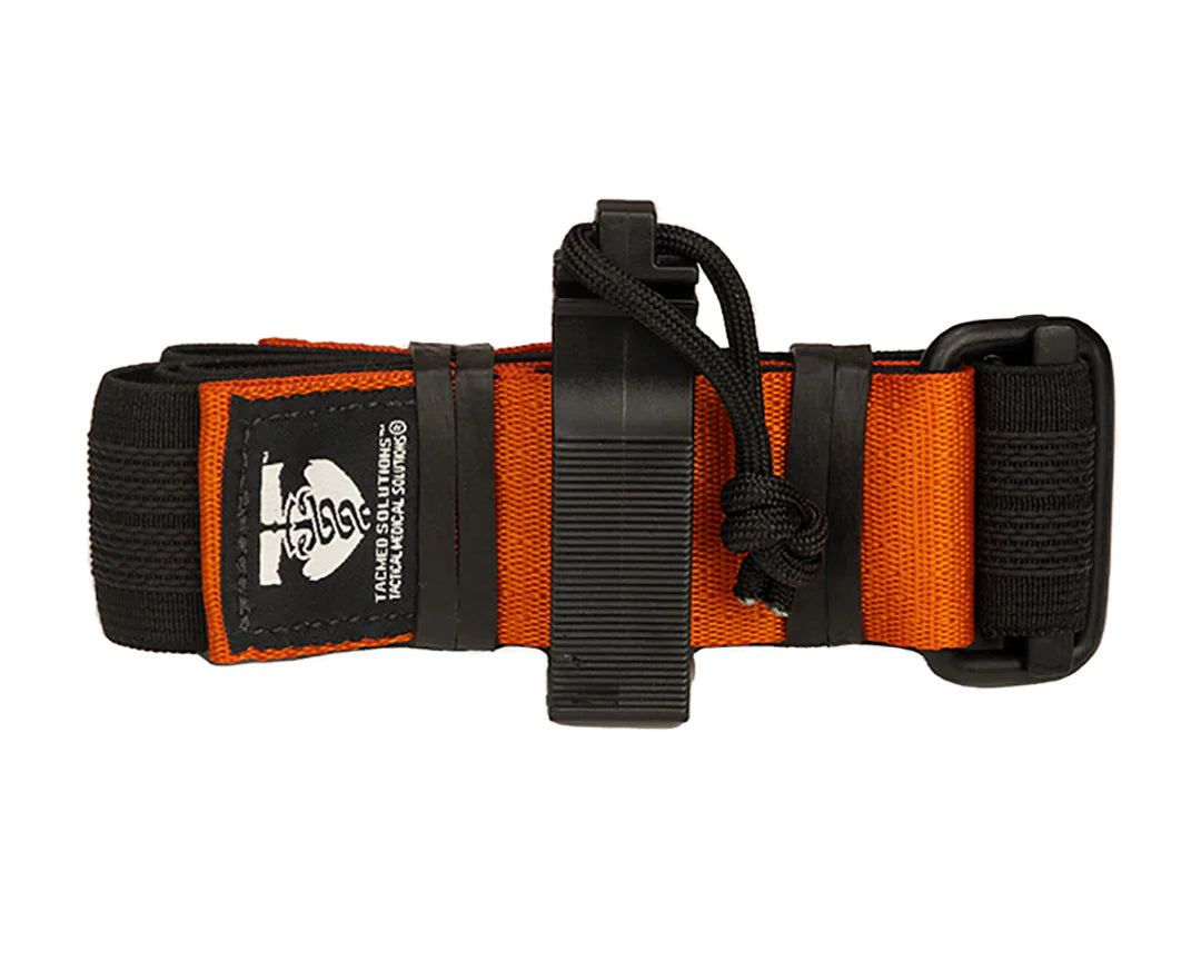 An orange and black K9 tourniquet designed for use on a dog's leg.