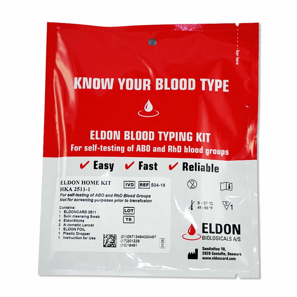 Eldon Blood Typing Kit packaging with red and white design on a white background