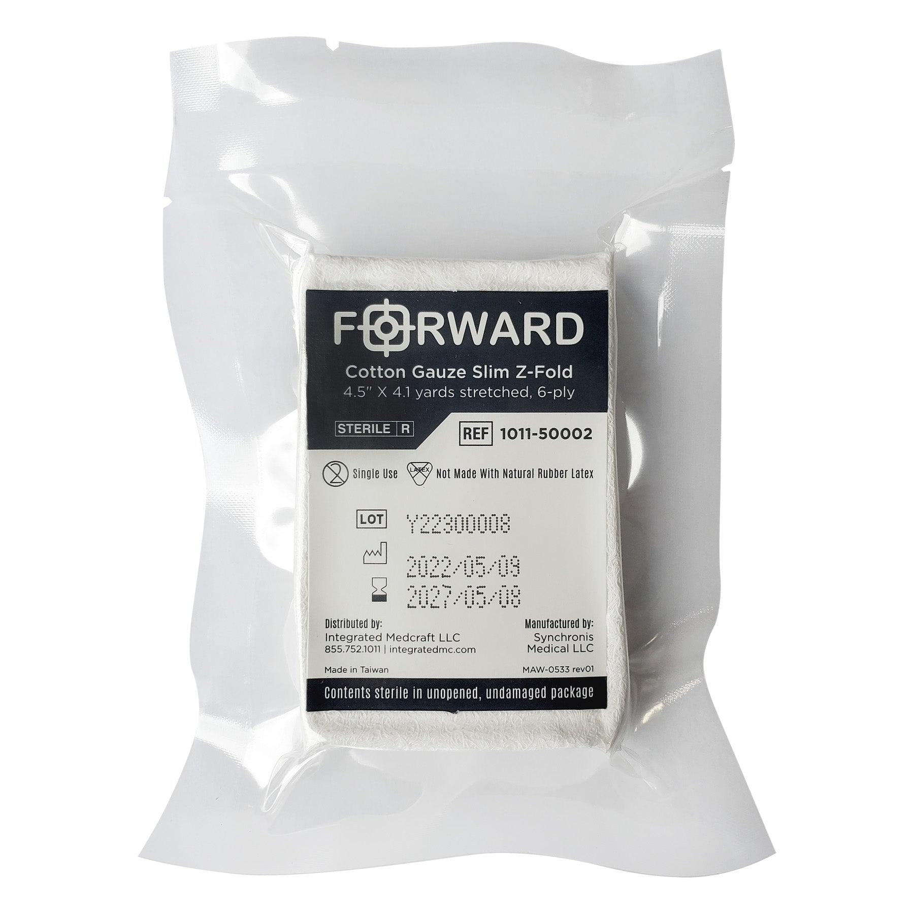 A sealed, sterile package of Forward Cotton Gauze Slim Z-Fold with label showing product details.