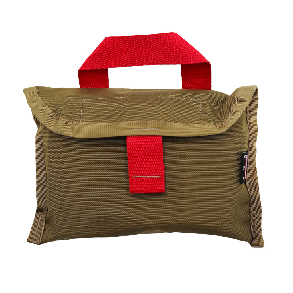 Refuge Medical POC-Kit First Aid Kit - Coyote tan with red top handle and red pull open tab