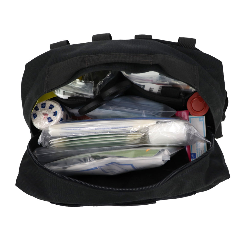 Refuge Medical Mastiff K9 first aid kit - Black, top view, open showing components