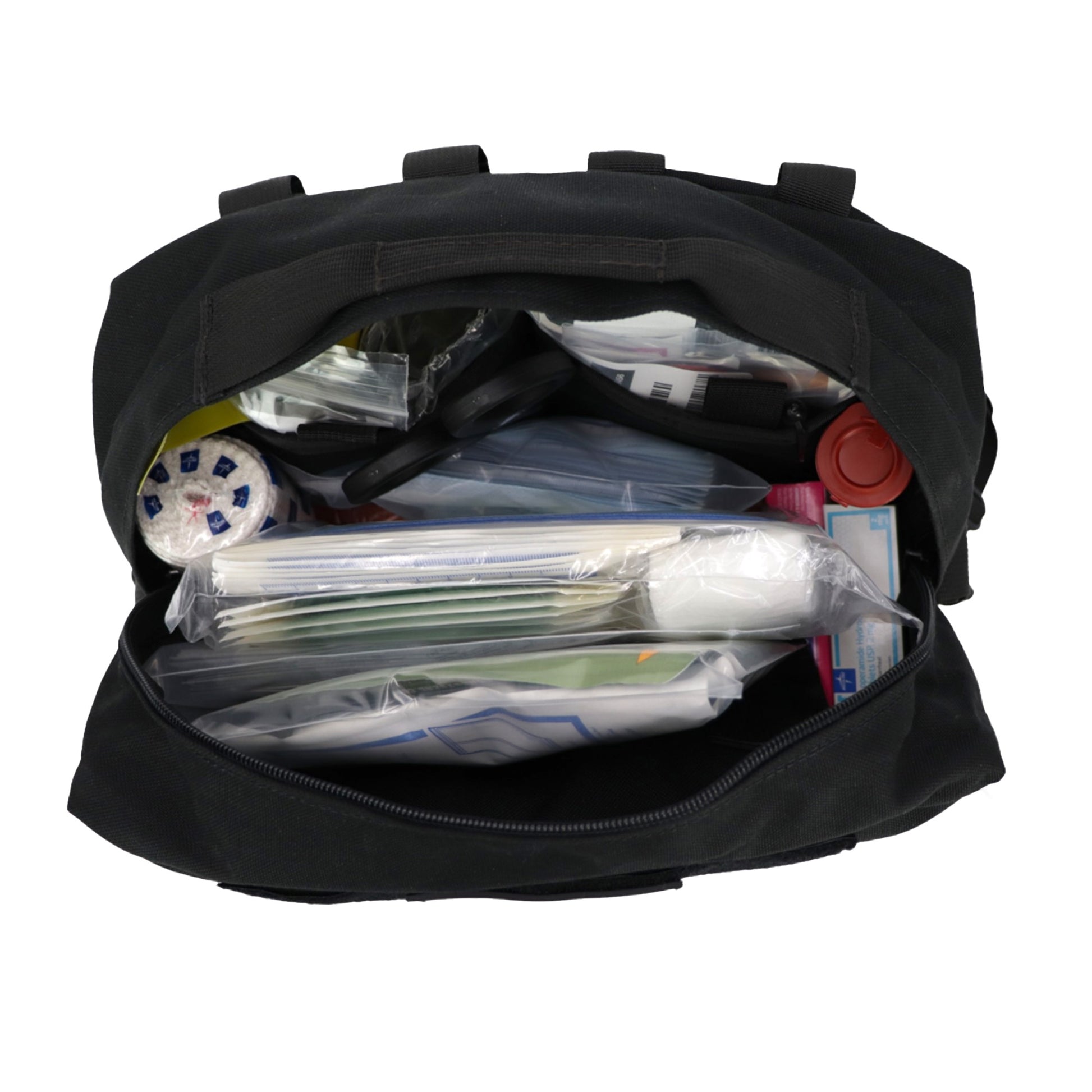 Refuge Medical Mastiff K9 first aid kit - Black, top view, open showing components